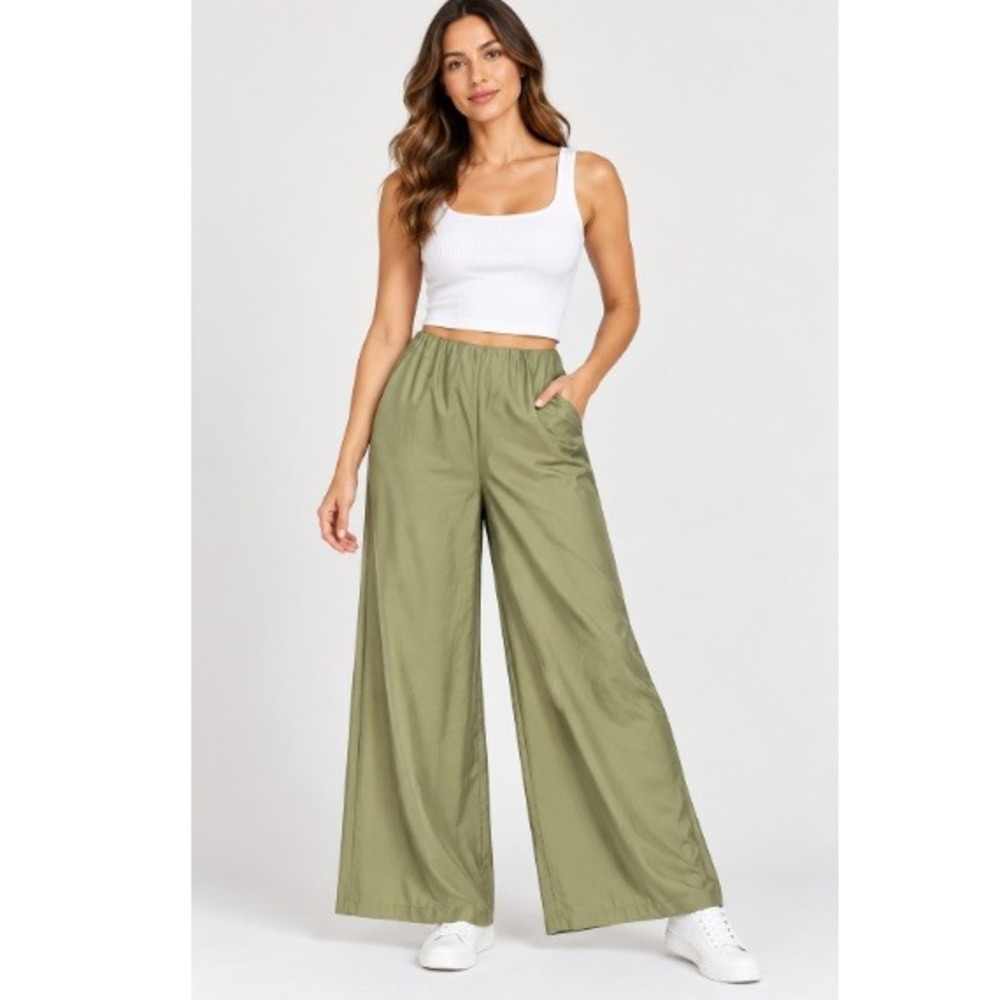 Joie Women's Sage Green Satin Pull On Wide Leg Crop Relaxed Pants Size 10